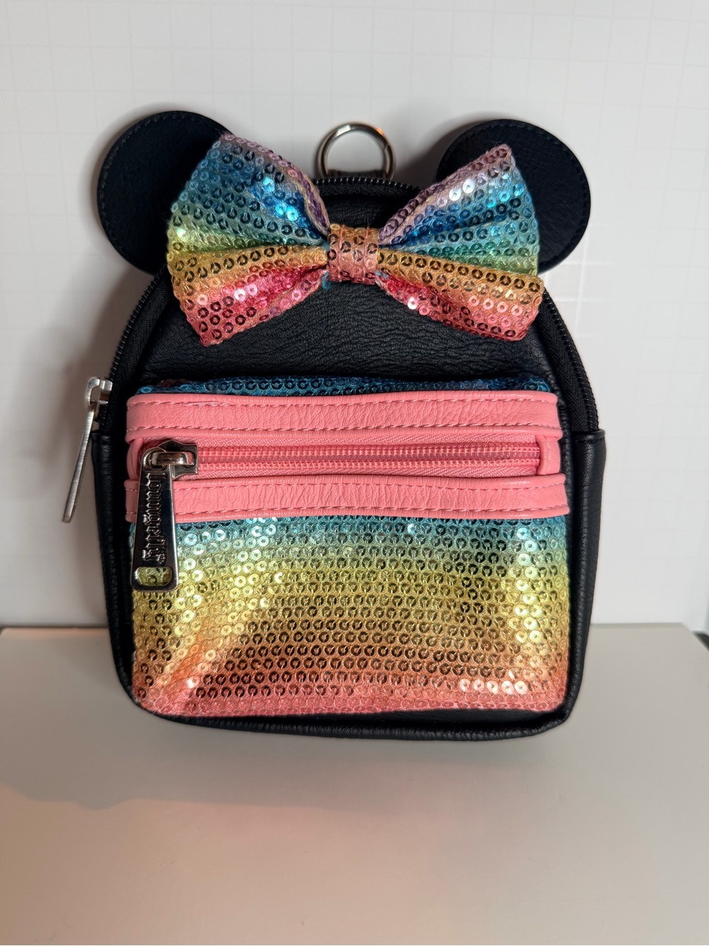 Loungefly Disney Rainbow Sequin Mini Backpack with Pink and Rainbow Accents